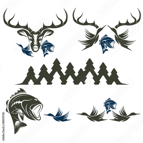 Set of vintage hunting and fishing labels and design elements