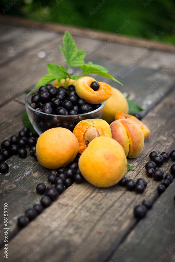 fresh apricots, black currant in a glass bowl transparent scatte