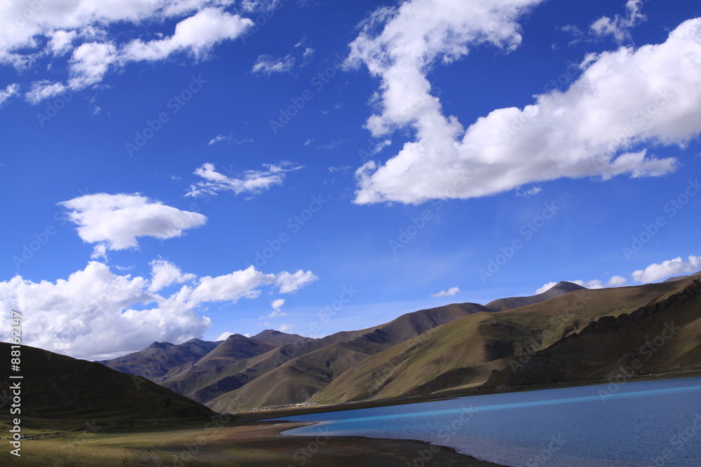 Lake and mountain with blue sky