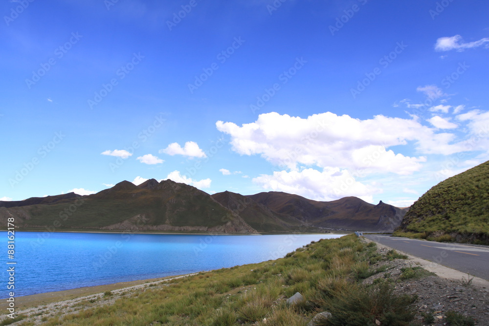 Lake with mountain and blue sky