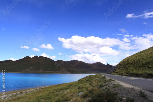 Lake with mountain and blue sky