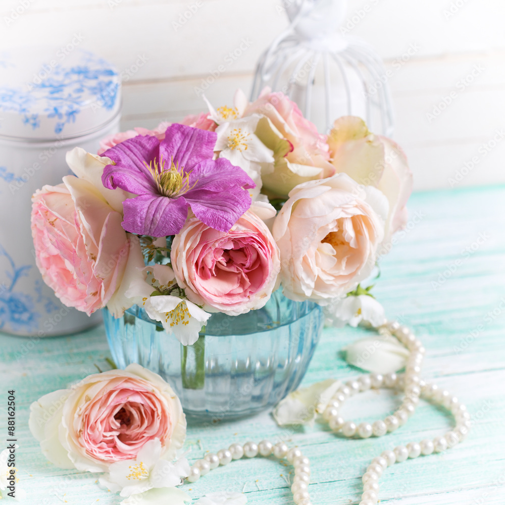 Roses, jasmine and clematis flowers Roses, jasmine and clematis flowers