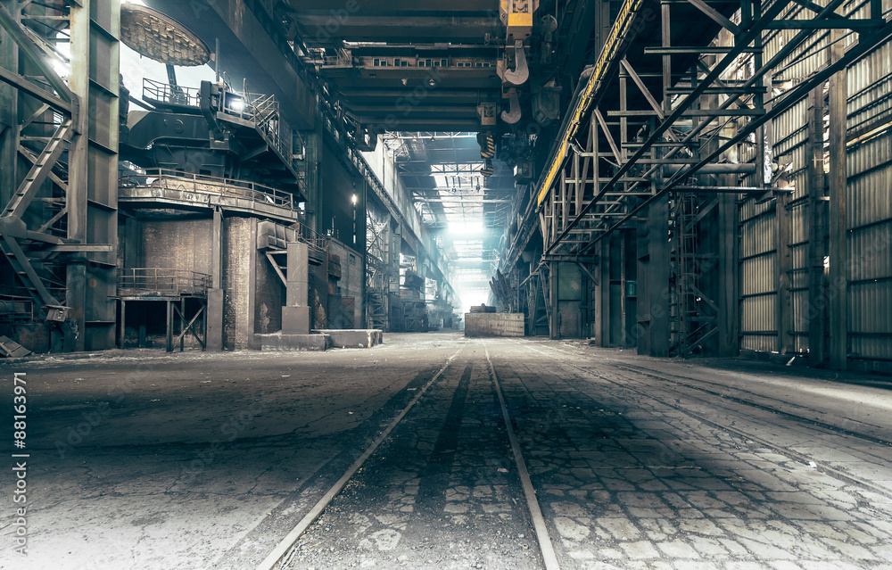 Abandoned factory: A factory that been shut down for many years. - obrazy, fototapety, plakaty 