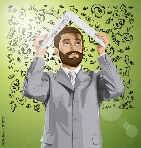 Vector Business Man Hides Under The Laptop
