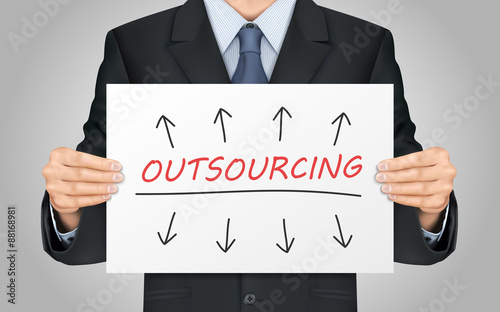 businessman holding outsourcing poster
