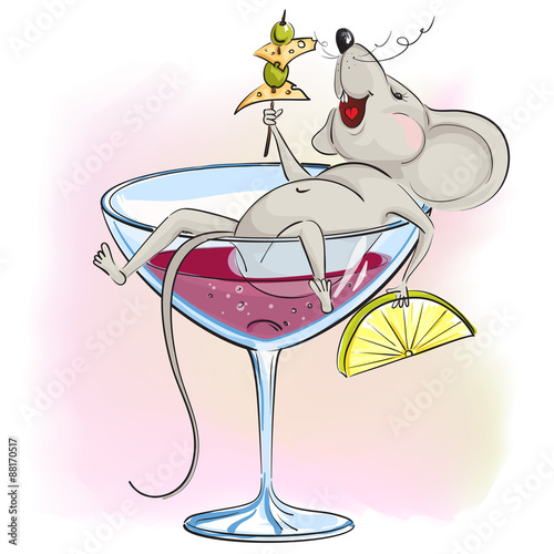 Happy cartoon mouse lies in the glass of wine and holding hands