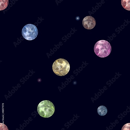 Seamless abstract colored planets pattern with glowing stars