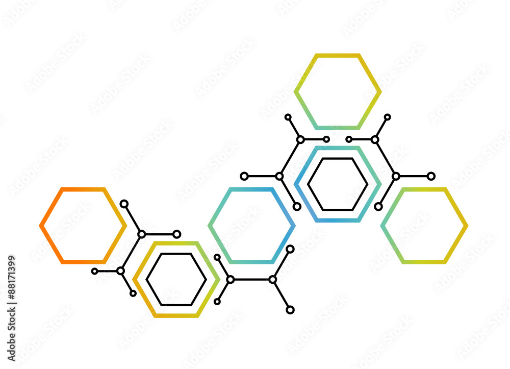 Abstract background with colored hexagons. Communication theme. Cells