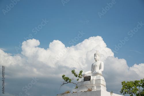 White buddha statue on mountain.