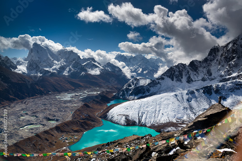 Beautiful turquoise lake high in the mountains. Nepal, Everest National Park. View from the Gokyo Peak (5,357 m). photo
