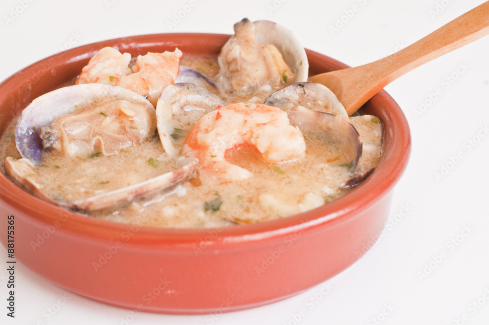 hake with prawns and clams foto de Stock Adobe Stock