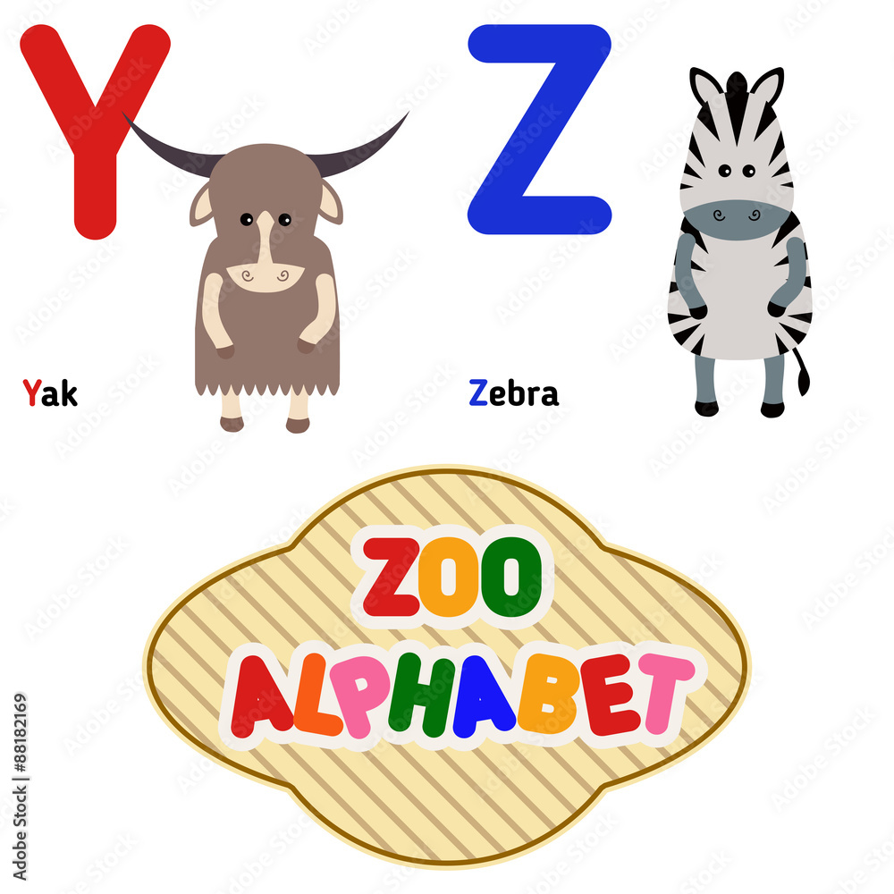 Cute zoo alphabet in vector. Y, z.
