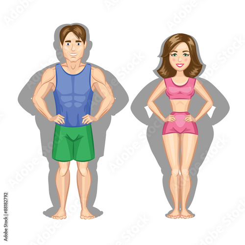 Cartoon healthy lifestyle illustration. Woman and man.