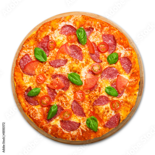 Delicious pizza with salami and cherry tomatoes