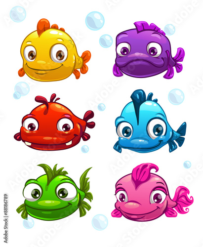 Funny cartoon colorful fishes set