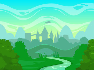 Poster Sprookjeswereld Cartoon ochtendlandschap in fantasiewereld  © lilu330