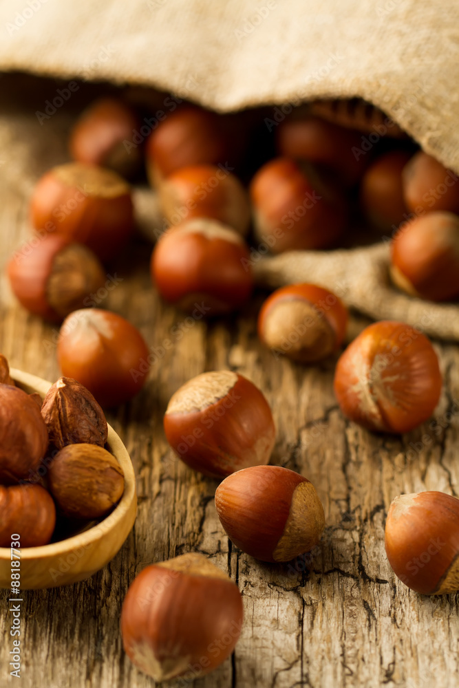 hazelnuts scattered out of the bag on old wooden background. Healthy vegetarian food hazelnuts scattered out of the bag on old wooden background. Healthy vegetarian food