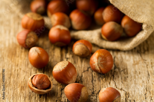 hazelnuts scattered out of the bag on old wooden background. Healthy vegetarian food
