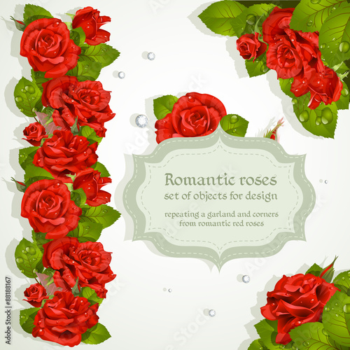 Corners and repeating a garland for design from red romantic ros