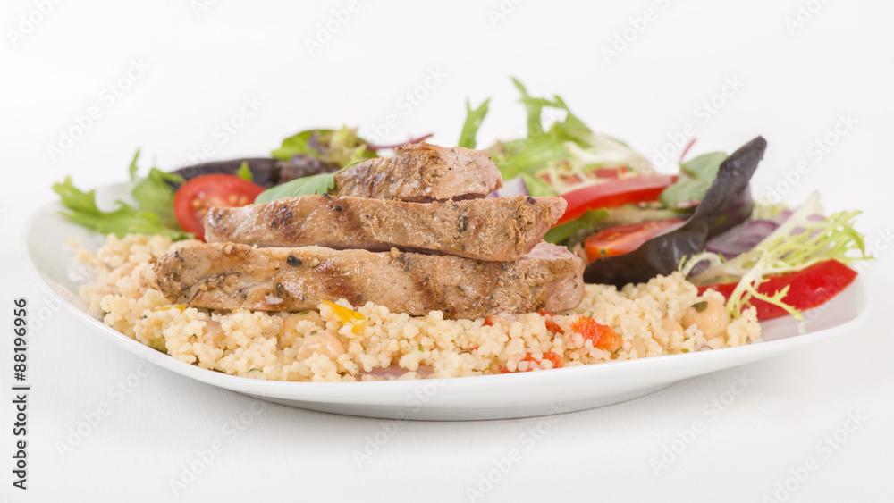 Grilled Pork & Couscous with Salad.
Grilled Pork & Couscous with Salad.