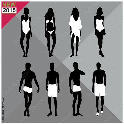 Beachwear / Swimwear swimsuits summer attire women men black silhouettes with white cloths on top,totally editable,set,collection