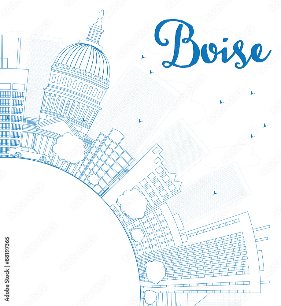 Outline Boise Skyline with Blue Building and copy space