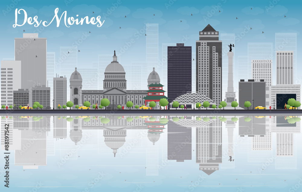 Des Moines Skyline with Grey Buildings and reflections