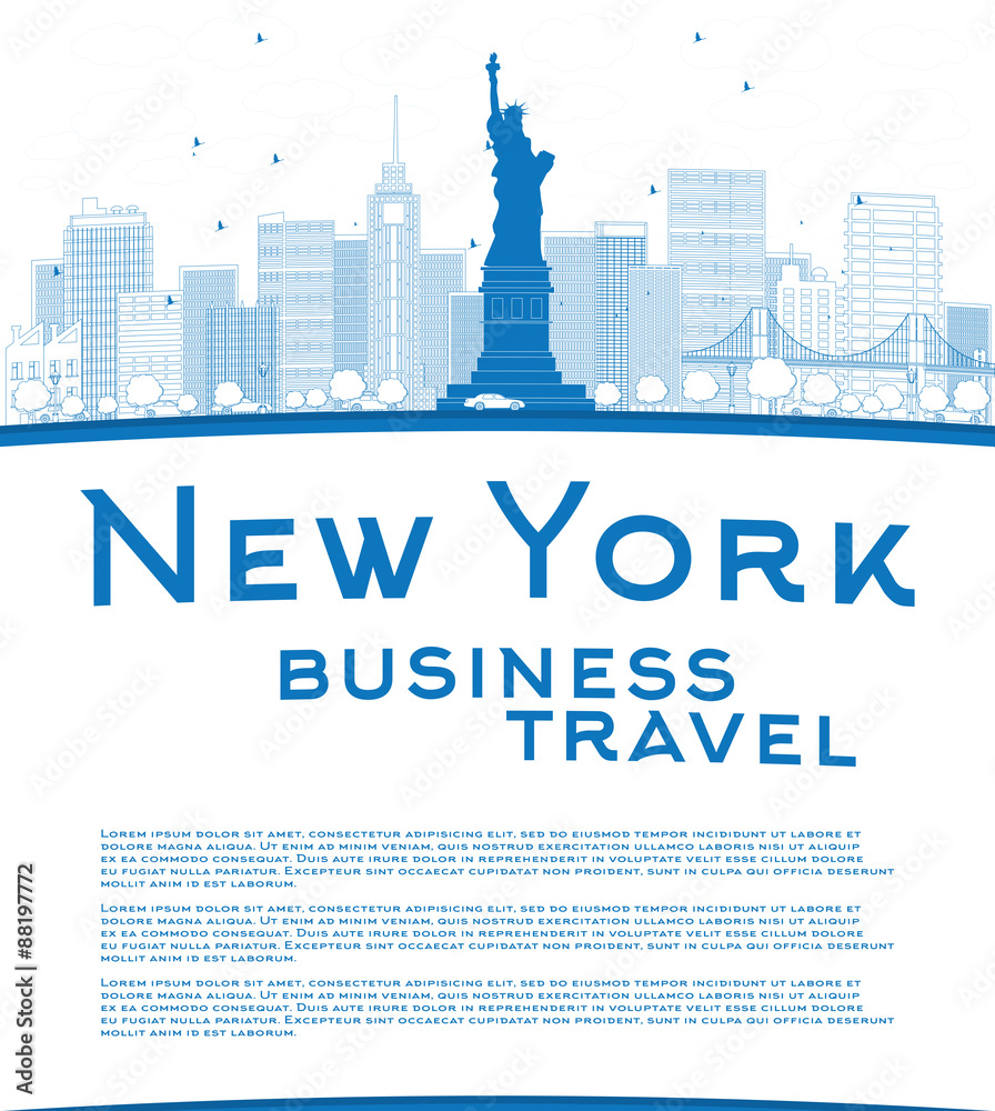 Outline New York city skyline with blue buildings and copy space