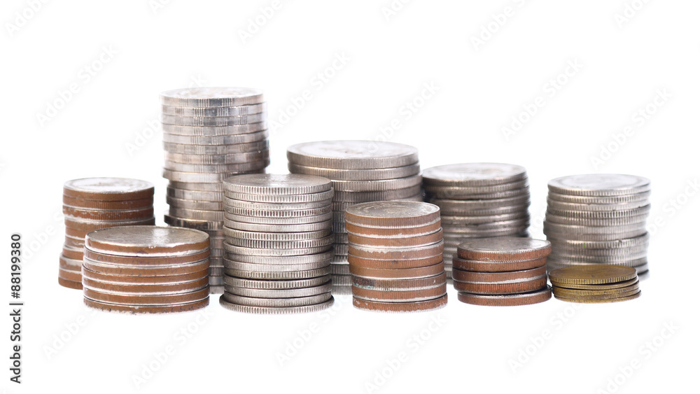 Stack of Thai Bath coins on white background Stack of Thai Bath coins on white background