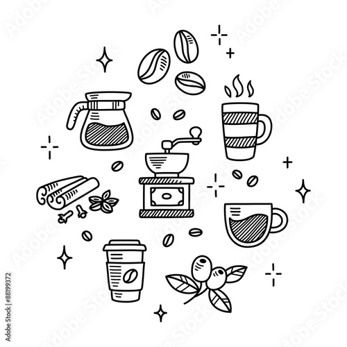 Set of hand drawn coffee doodles. Beans, cups, spices and more, isolated on white background. 