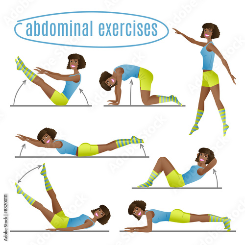 Set of exercises. Woman doing abdominal exercises.
