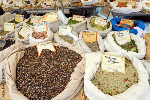 Spices on the market in Cogolin, Provence - Cogolin, France, Europe photo