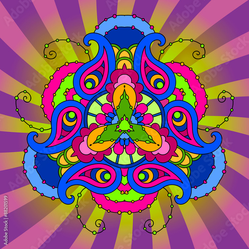 Multicolor psychedelic mandala in purple-green background with r