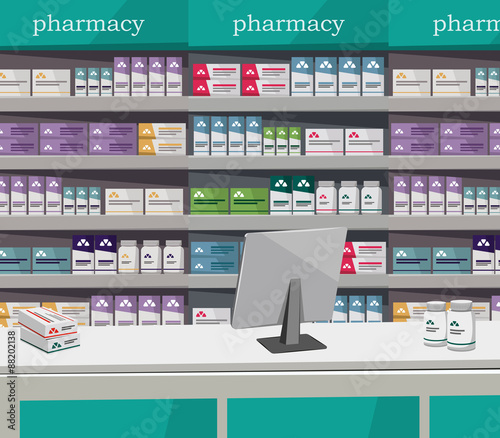 Modern interior pharmacy and drugstore. Sale of vitamins and medications. Vector simple illustration. photo