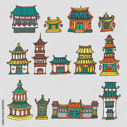 Set of colorful vector asian temples and manor houses