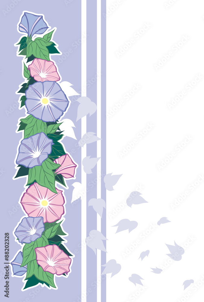 朝顔 落ち葉図案 薄紫色の背景 はがき縦書き 夏の草花 朝顔 をイラストにしました 朝顔 単体と はがきサイズの比率のイラストを用意しました Stock ベクター Adobe Stock