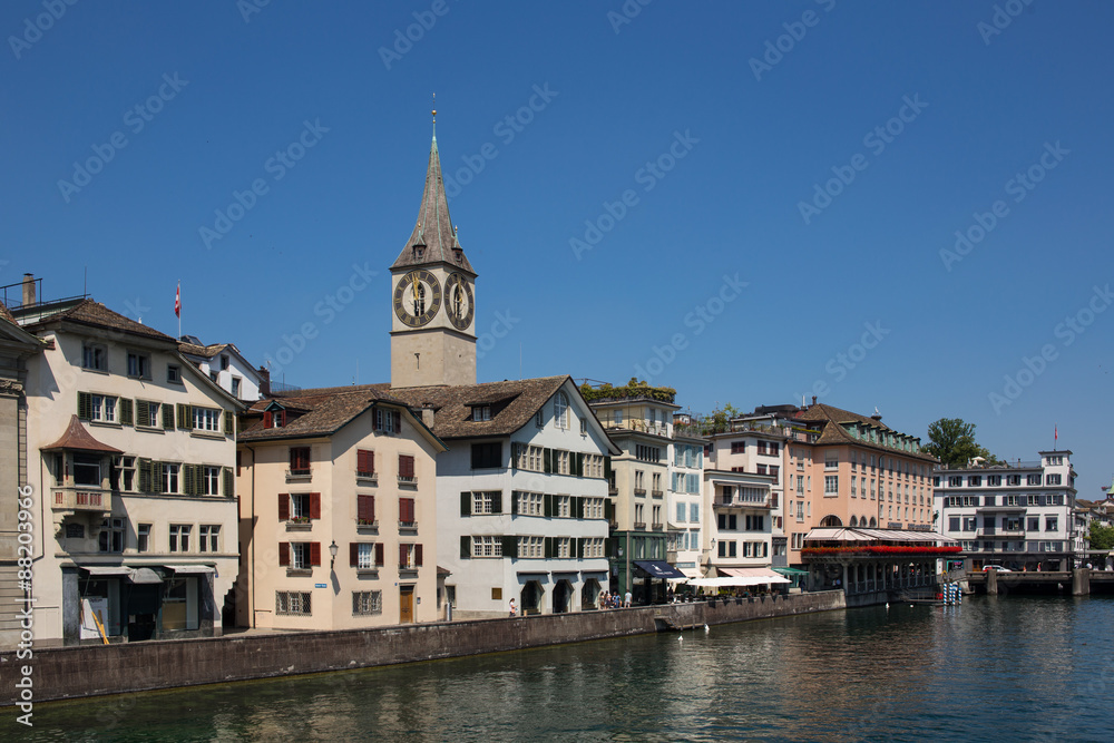 Limmat riverside with famous clock tower