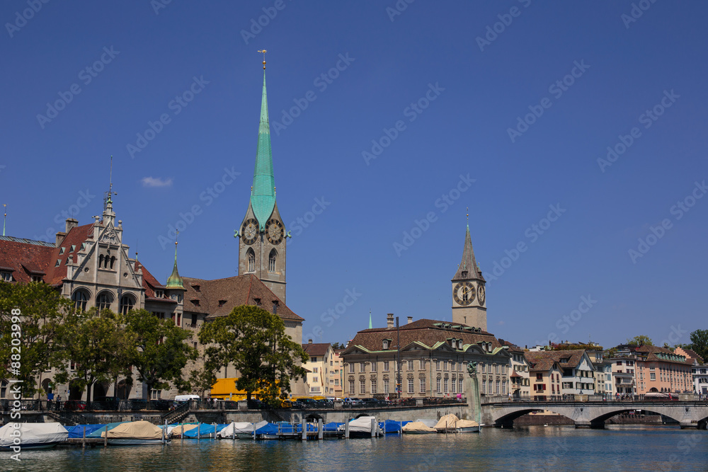 Limmat riverside with famous churches, Zurich