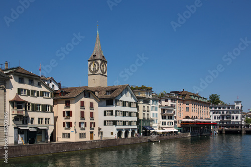 Limmat riverside with famous clock tower