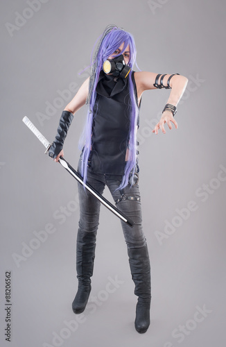 Schilderij op canvas Female fantasy warrior / Female warrior with sword and gas mask isolated on the