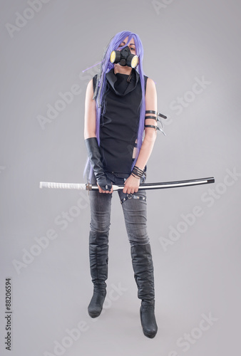 Schilderij op canvas Female fantasy warrior / Female warrior with sword and gas mask isolated on the