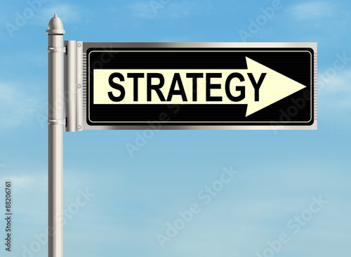 Strategy. Road sign on the sky background. Raster illustration.