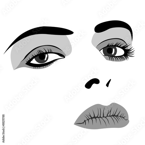 Simple black and white face of young woman with makeup. Layered vector illustration. 