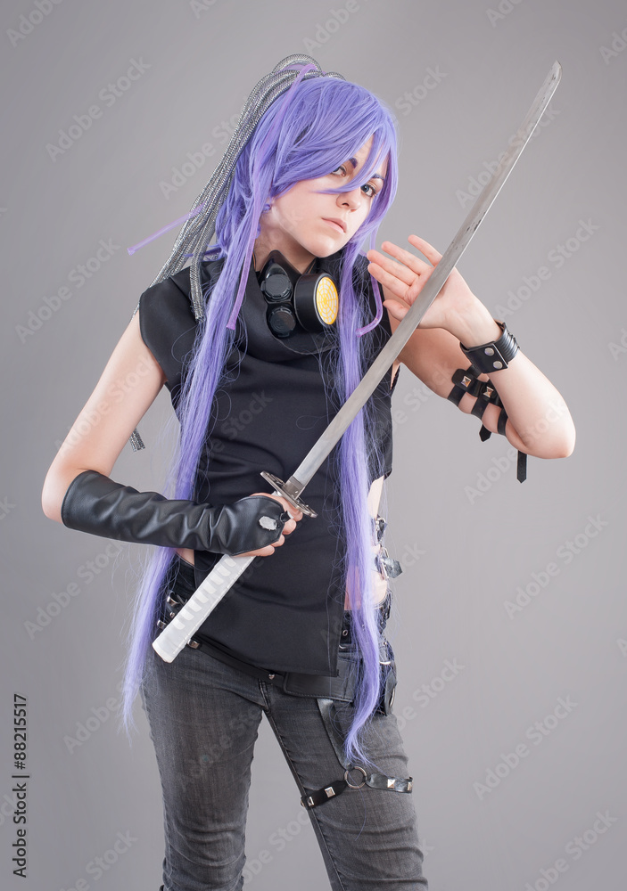 Female fantasy warrior / Female warrior with sword and gas mask isolated on the gray background Female fantasy warrior / Female warrior with sword and gas mask isolated on the gray background