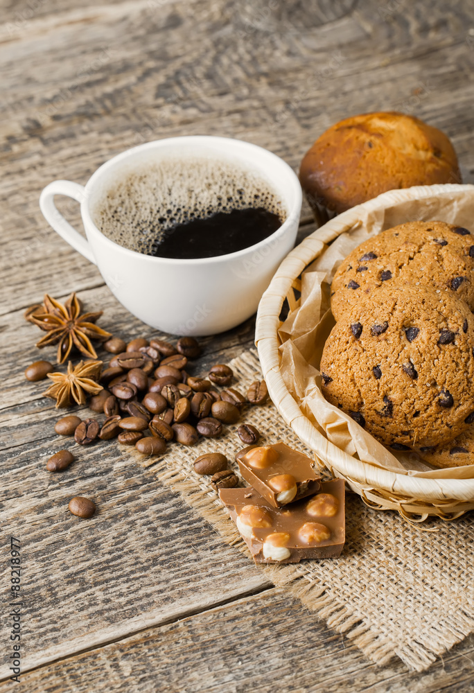 coffee and cookies on wood background coffee and cookies on wood background