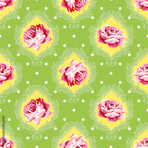 Vector seamless vintage floral patternPink roses with green leaves on a damask background.