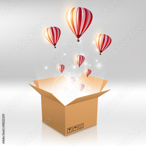 open box with the outgoing light and hot air balloon. Vector