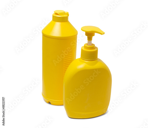 Yellow containers for detergents. Isolated on white background