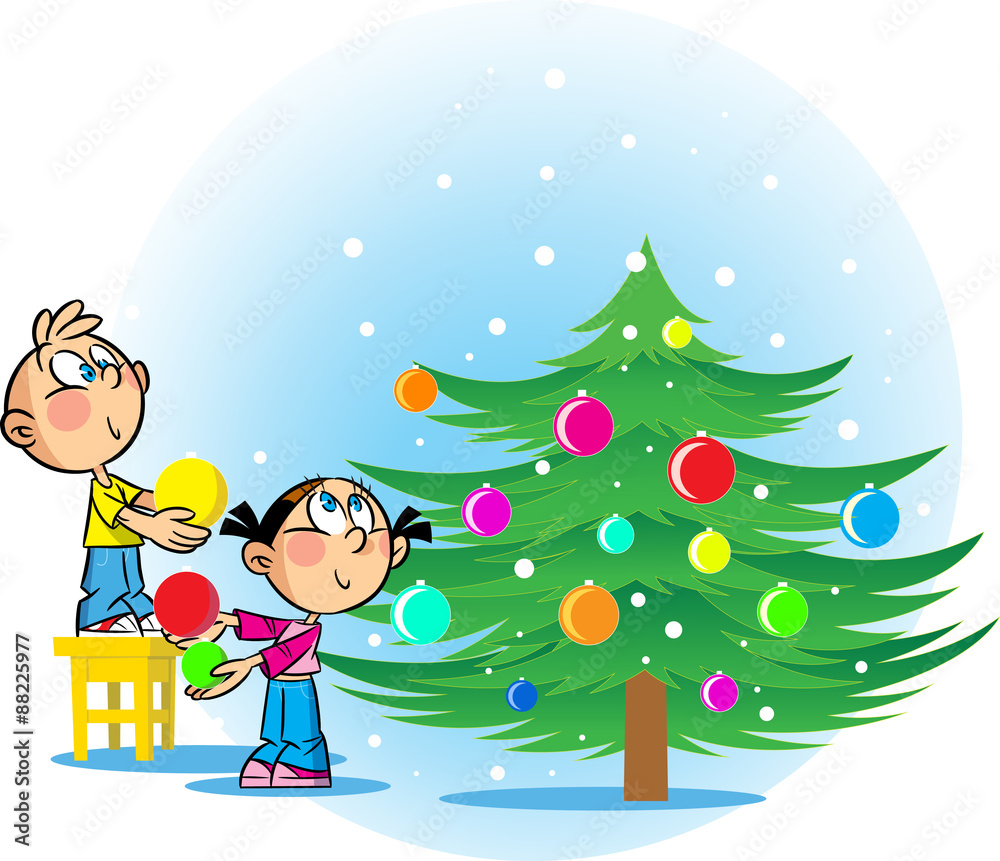 Children decorate the Christmas tree Children decorate the Christmas tree