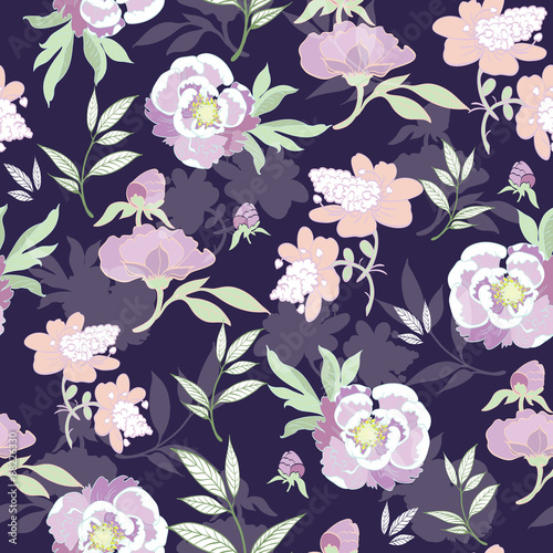 Vector Pastel Kimono Flowers on Black Seamless Pattern